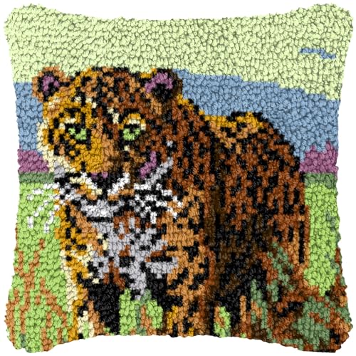 ZFFLYH Latch Hook Kits DIY Kissenbezug Für Erwachsene Kinder Anfänger DIY Häkeln Kissen Kit Vorgedruckte Kissenbezug Stickerei Für Home Sofa Dekoration 17X17inch,Leopard von ZFFLYH