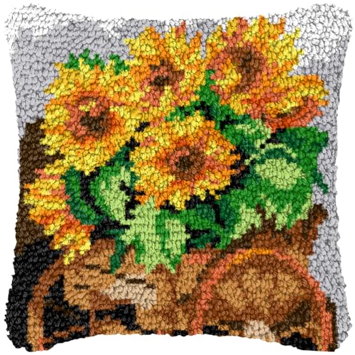 ZFFLYH Latch Hook Kits DIY Kissenbezug Für Erwachsene Kinder Anfänger DIY Häkeln Kissen Kit Vorgedruckte Kissenbezug Stickerei Für Home Sofa Dekoration 17X17inch,Sunflower a von ZFFLYH