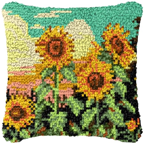 ZFFLYH Latch Hook Kits DIY Kissenbezug Für Erwachsene Kinder Anfänger DIY Häkeln Kissen Kit Vorgedruckte Kissenbezug Stickerei Für Home Sofa Dekoration 17X17inch,Sunflower von ZFFLYH