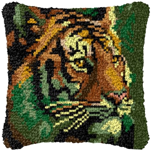 ZFFLYH Latch Hook Kits DIY Kissenbezug Für Erwachsene Kinder Anfänger DIY Häkeln Kissen Kit Vorgedruckte Kissenbezug Stickerei Für Home Sofa Dekoration 17X17inch,Tiger von ZFFLYH