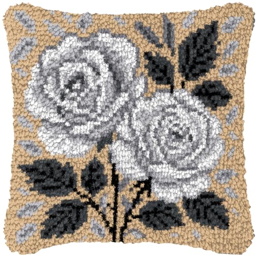 ZFFLYH Latch Hook Kits DIY Kissenbezug Für Erwachsene Kinder Anfänger DIY Häkeln Kissen Kit Vorgedruckte Kissenbezug Stickerei Für Home Sofa Dekoration 17X17inch,White Flower von ZFFLYH