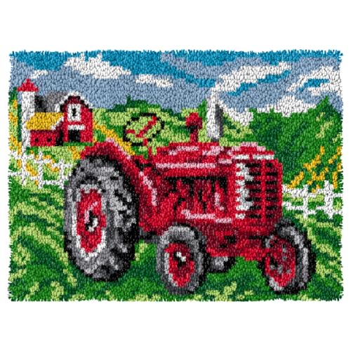 ZFFLYH Latch Hook Kits Für Erwachsene, DIY Häkelgarn Teppiche Hooking Craft Kit Farbe Vorgedruckter Leinwand Teppich Häkeln Stickerei Wandteppich Heimdekoration 20,5 '' X 15 '',Red Tractor von ZFFLYH