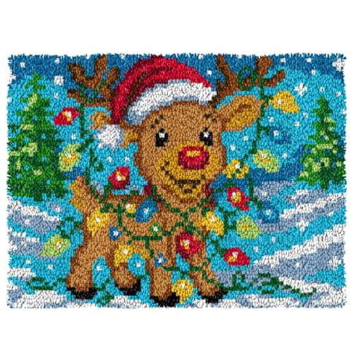 ZFFLYH Latch Hook Kits Für Erwachsene, DIY Häkelgarn Teppiche Hooking Craft Kit Farbe Vorgedruckter Leinwand Teppich Häkeln Stickerei Wandteppich Heimdekoration 20,5 '' X 15 '',Reindeer von ZFFLYH