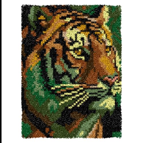 ZFFLYH Latch Hook Kits Für Erwachsene, DIY Häkelgarn Teppiche Hooking Craft Kit Farbe Vorgedruckter Leinwand Teppich Häkeln Stickerei Wandteppich Heimdekoration 20,5 '' X 15 '',Tiger von ZFFLYH