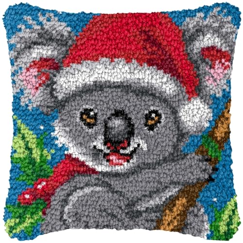 ZFFLYH Weihnachten Latch Hook Kissen Kit Für Erwachsene Kinder DIY Kissen Bezug Mit Bedruckter Häkeln Garn Nadel Handwerk Kreuzstich Stickerei Für Zuhause Sofa Dekor 17X17inch,Bear von ZFFLYH