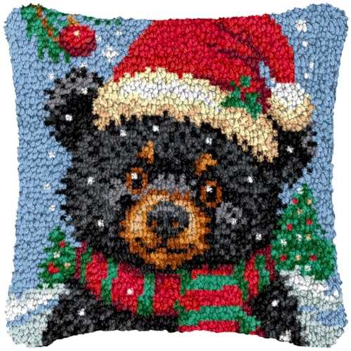 ZFFLYH Weihnachten Latch Hook Kissen Kit Für Erwachsene Kinder DIY Kissen Bezug Mit Bedruckter Häkeln Garn Nadel Handwerk Kreuzstich Stickerei Für Zuhause Sofa Dekor 17X17inch,Black Bear von ZFFLYH