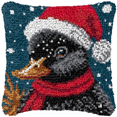 ZFFLYH Weihnachten Latch Hook Kissen Kit Für Erwachsene Kinder DIY Kissen Bezug Mit Bedruckter Häkeln Garn Nadel Handwerk Kreuzstich Stickerei Für Zuhause Sofa Dekor 17X17inch,Black Duck von ZFFLYH