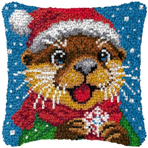ZFFLYH Weihnachten Latch Hook Kissen Kit Für Erwachsene Kinder DIY Kissen Bezug Mit Bedruckter Häkeln Garn Nadel Handwerk Kreuzstich Stickerei Für Zuhause Sofa Dekor 17X17inch,Cat a von ZFFLYH