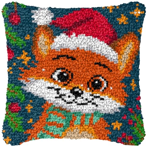 ZFFLYH Weihnachten Latch Hook Kissen Kit Für Erwachsene Kinder DIY Kissen Bezug Mit Bedruckter Häkeln Garn Nadel Handwerk Kreuzstich Stickerei Für Zuhause Sofa Dekor 17X17inch,Cat von ZFFLYH