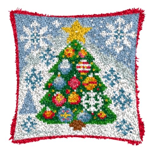 ZFFLYH Weihnachten Latch Hook Kissen Kit Für Erwachsene Kinder DIY Kissen Bezug Mit Bedruckter Häkeln Garn Nadel Handwerk Kreuzstich Stickerei Für Zuhause Sofa Dekor 17X17inch,Christmas Tree von ZFFLYH