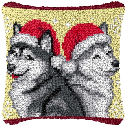 ZFFLYH Weihnachten Latch Hook Kissen Kit Für Erwachsene Kinder DIY Kissen Bezug Mit Bedruckter Häkeln Garn Nadel Handwerk Kreuzstich Stickerei Für Zuhause Sofa Dekor 17X17inch,Dog 2 von ZFFLYH