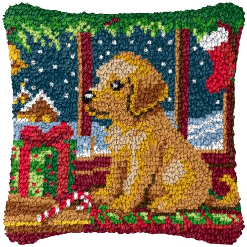 ZFFLYH Weihnachten Latch Hook Kissen Kit Für Erwachsene Kinder DIY Kissen Bezug Mit Bedruckter Häkeln Garn Nadel Handwerk Kreuzstich Stickerei Für Zuhause Sofa Dekor 17X17inch,Dog von ZFFLYH