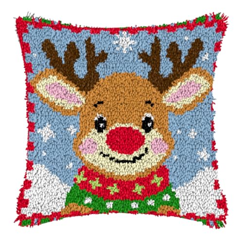 ZFFLYH Weihnachten Latch Hook Kissen Kit Für Erwachsene Kinder DIY Kissen Bezug Mit Bedruckter Häkeln Garn Nadel Handwerk Kreuzstich Stickerei Für Zuhause Sofa Dekor 17X17inch,Reindeer von ZFFLYH