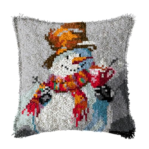 ZFFLYH Weihnachten Latch Hook Kissen Kit Für Erwachsene Kinder DIY Kissen Bezug Mit Bedruckter Häkeln Garn Nadel Handwerk Kreuzstich Stickerei Für Zuhause Sofa Dekor 17X17inch,Snowman von ZFFLYH