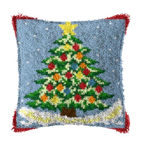 ZFFLYH Weihnachten Latch Hook Kissen Kit Für Erwachsene Kinder DIY Kissen Bezug Mit Bedruckter Häkeln Garn Nadel Handwerk Kreuzstich Stickerei Für Zuhause Sofa Dekor 17X17inch,Tree von ZFFLYH