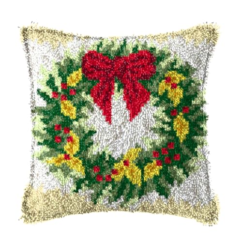 ZFFLYH Weihnachten Latch Hook Kissen Kit Für Erwachsene Kinder DIY Kissen Bezug Mit Bedruckter Häkeln Garn Nadel Handwerk Kreuzstich Stickerei Für Zuhause Sofa Dekor 17X17inch,Wreath von ZFFLYH