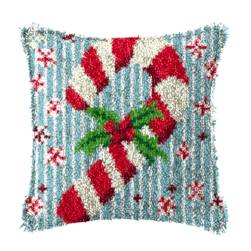 ZFFLYH Weihnachten Latch Hook Kissen Kit Für Erwachsene Kinder DIY Kissen Bezug Mit Bedruckter Häkeln Garn Nadel Handwerk Kreuzstich Stickerei Für Zuhause Sofa Dekor 17X17inch von ZFFLYH