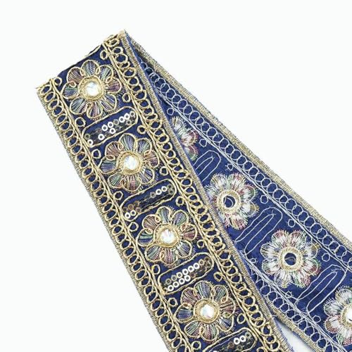 1/2/5 Yards Retro-bestickte Spitzenbesätze, 45 mm, goldene Linie, Paillettenband, Kleidungsstück, Kleidbesatz, dekoratives DIY-Nähzubehör, Blau, 45 mm, 2 Yards von ZFISH