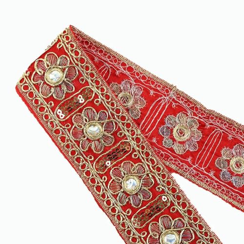 1/2/5 Yards Retro-bestickte Spitzenbesätze, 45 mm, goldene Linie, Paillettenband, Kleidungsstück, Kleidbesatz, dekoratives DIY-Nähzubehör, Rot, 45 mm, 2 Yards von ZFISH