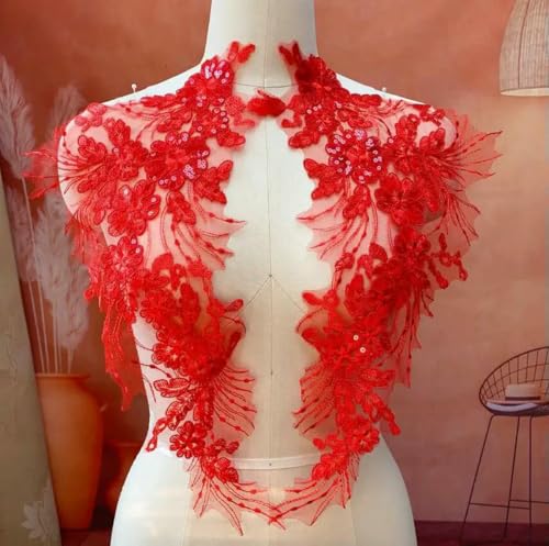 1 Paar/2 Stück 3D-Blumenblatt-Spitzenstoff, Pailletten, bestickte Kleiderapplikationen, Kragen, Netzstoff, Aufnäher für Hochzeitsdekoration, 23 cm x 43 cm, rot, 2 Stück 1 Paar/2 Stück 3D-Blumenblatt-Spitzenstoff, Pailletten, bestickte Kleiderapplikationen, Kragen, Netzstoff, Aufnäher für Hochzeitsdekoration, 23 cm x 43 cm, rot, 2 Stück von ZFISH