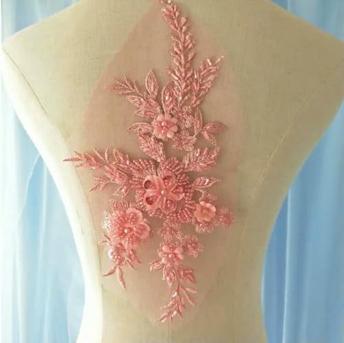 1 Stück Perlen-Spitzen-Applikation, Nähbesatz, Hochzeitsdekor, 3D-Stickerei, Perlen-Spitzen-Patch, Kostüm-Zubehör, DIY-Zubehör, Bohnenrosa von ZFISH