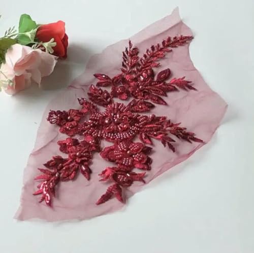 1 Stück Perlen-Spitzen-Applikation, Nähbesatz, Hochzeitsdekor, 3D-Stickerei, Perlen-Spitzen-Patch, Kostüm-Zubehör, DIY-Zubehör, Burgunderrot von ZFISH