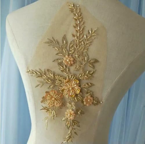 1 Stück Perlen-Spitzen-Applikation, Nähbesatz, Hochzeitsdekor, 3D-Stickerei, Perlen-Spitzen-Patch, Kostüm-Zubehör, DIY-Zubehör, Gold von ZFISH
