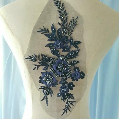 1 Stück Perlen-Spitzen-Applikation, Nähbesatz, Hochzeitsdekor, 3D-Stickerei, Perlen-Spitzen-Patch, Kostüm-Zubehör, DIY-Zubehör, Marineblau von ZFISH