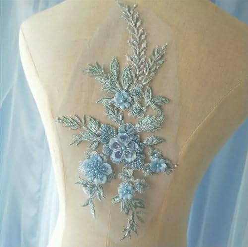 1 Stück Perlen-Spitzen-Applikation, Nähbesatz, Hochzeitsdekor, 3D-Stickerei, Perlen-Spitzen-Patch, Kostüm-Zubehör, DIY-Zubehör, blau von ZFISH