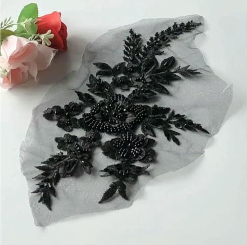 1 Stück Perlen-Spitzen-Applikation, Nähbesatz, Hochzeitsdekor, 3D-Stickerei, Perlen-Spitzen-Patch, Kostüm-Zubehör, DIY-Zubehör, schwarz von ZFISH