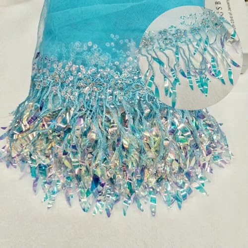 1 Yard Illusionsfarbe Blattperle bestickter Pailletten-Spitzenbesatzstoff für Frauen DIY Nähen Hochzeitskleid Kleidung Applikation Patch-Hellblau-91cm x 15cm von ZFISH