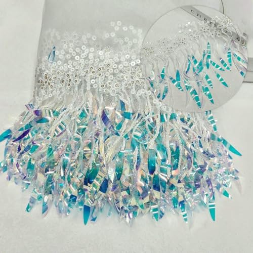 1 Yard Illusionsfarbe Blattperle bestickter Pailletten-Spitzenbesatzstoff für Frauen DIY Nähen Hochzeitskleid Kleidung Applikation Patch-Weiß-91cm x 15cm von ZFISH