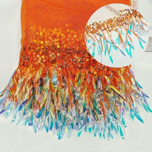 1 Yard Illusionsfarbener Blattperlen-Spitzenbesatz mit bestickten Pailletten für Damen, DIY-Nähen, Hochzeitskleid, Kleidung, Applikation, Patch, Orange, 91 cm x 15 cm von ZFISH