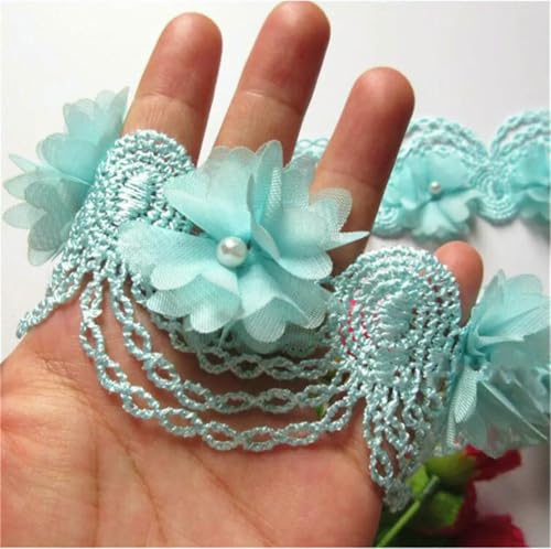 10 x rosa Perlen-Chiffon-Blumen, bestickte Spitzenkanten, Band, Blumenapplikation, Stoff, handgefertigt, DIY, Hochzeitskleid, Nähen, Basteln, Blaugrün von ZFISH