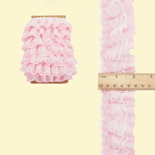 11 Yards Rosa Doppellagiger Plissee Chiffon Spitzenbesatz 5cm Breit 2-lagig Geraffter Rüschenbesatz Rand Tüllbesatz Stoffband-AECH06-08577-M von ZFISH