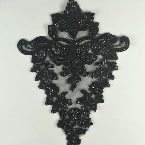 2 Stück Luxus Blumenmuster Schwarz Spitzenbesatz Applikation Nähzubehör Perlen Patches Patchworkband Handarbeit DIY Basteln-Hulu Applikationen-Perlenspitze Applikation von ZFISH