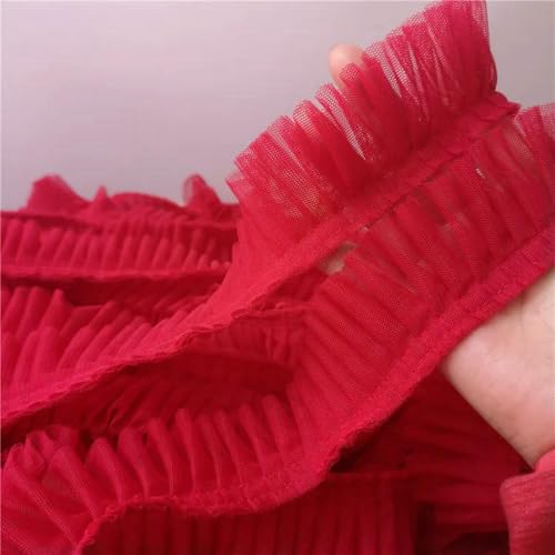 5 cm breite, doppellagige 3D-Plissee-Spitzenstoffe mit Rüschenbesatz, besticktes Kragenband, Nähmaterial für Kleidungsröcke, Spleißmaterial – leuchtend rot von ZFISH