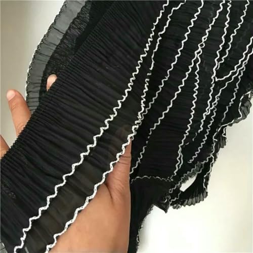 7 cm breites, zweilagiges, elastisches, plissiertes Chiffon-Rüschenbesatzband, gefaltete Spitzenkragen-Applikation, DIY-Kleid, Nähen, Quaste, Fransen, Saumdekor, Schwarz von ZFISH