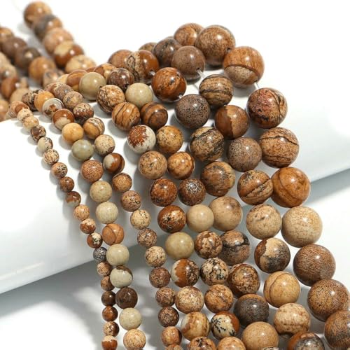 Naturstein, 4, 6, 8, 10, 12 mm, rund, Tigerauge, Amethyst, Achat, Jade, Stein, Abstandshalter, Perle für Schmuckherstellung, DIY-Armband, Handarbeiten, Bildjaspis, 10 mm, ca. 35 Stück von ZFISH