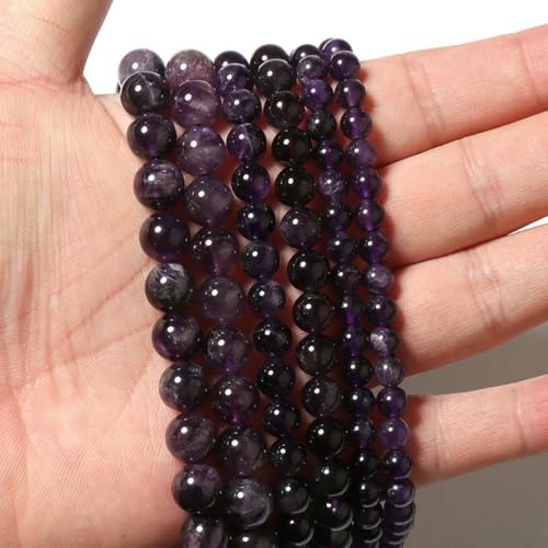 Naturstein 4 6 8 10 12 mm rund Tigerauge Amethyst Achat Jade Stein Abstandshalter Perle für Schmuckherstellung DIY Armband Handarbeit-Amethyst-8 mm ca. 45 Stück von ZFISH