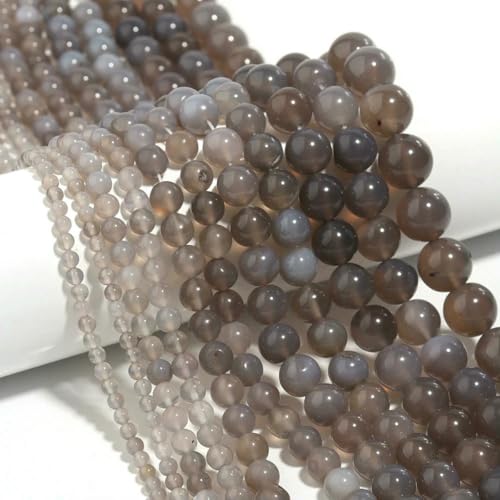 Naturstein 4 6 8 10 12 mm rund Tigerauge Amethyst Achat Jade Stein Abstandshalter Perle für Schmuckherstellung DIY Armband Handarbeit-Grauer Achat-12 mm ca. 32 Stück von ZFISH
