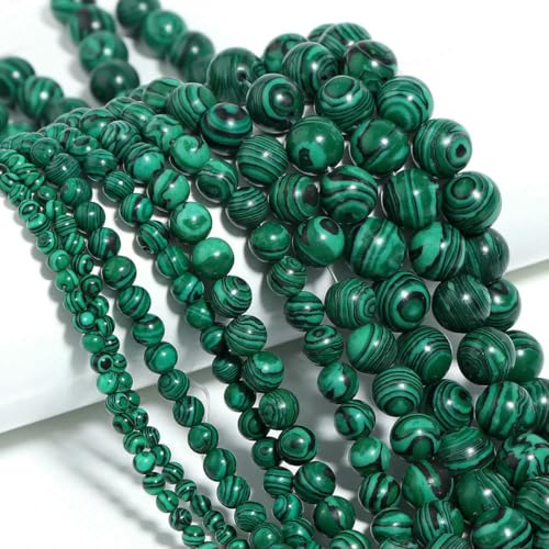Naturstein 4 6 8 10 12 mm rund Tigerauge Amethyst Achat Jade Stein Abstandshalter Perle für Schmuckherstellung DIY Armband Handarbeit-Malachit-12 mm ca. 32 Stück von ZFISH