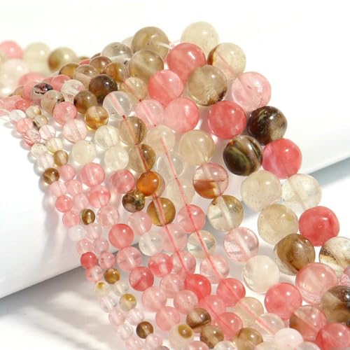 Naturstein 4 6 8 10 12 mm rund Tigerauge Amethyst Achat Jade Stein Abstandshalter Perle für Schmuckherstellung DIY Armband Handarbeit-Wassermelonenstein-12 mm ca. 32 Stück von ZFISH