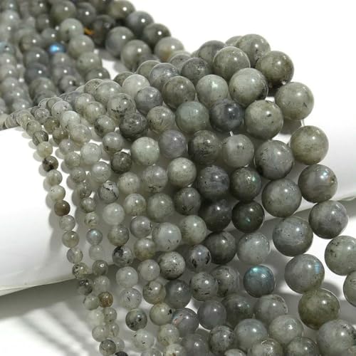 Naturstein 4 6 8 10 12 mm rund Tigerauge Amethyst Achat Jade Stein Abstandshalter Perle für Schmuckherstellung DIY Armband Handarbeit-Weißer Blitzstein-12 mm ca. 32 Stück von ZFISH