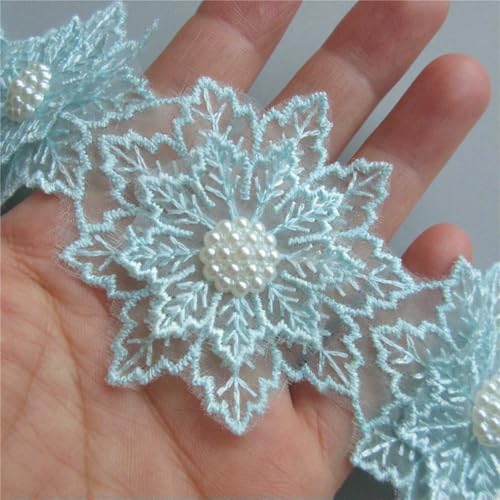 Spitzenbesatz, goldfarben, doppellagig, mit Perlen, Blättern und Blumen bestickt, 10 x 6 cm, Stoffband, Patchwork, Hochzeitskleid, Nähen, Basteln, Blau, 10 Stück von ZFISH
