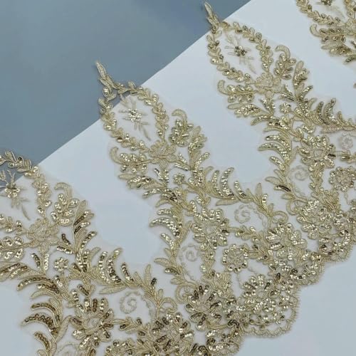 Zarte, 1 Yard lange, goldfarbene Paillettenkordel, Blumen-Venise-Venice-Netz-Spitzenbesatz, Applikation, Nähhandwerk für Hochzeiten, Dezember, 36 cm breit, 1 Yard von ZFISH