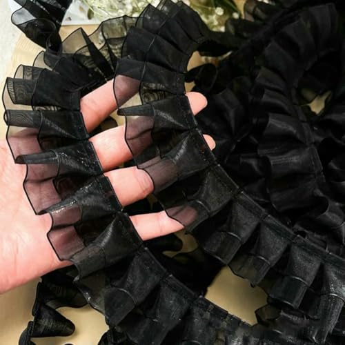 cm transparente, glänzende Organza-Plissee-Spitze, doppellagig, gerüschter Besatzstoff, Hochzeitsbühnenkleid, Kragenmanschetten, Kantendekoration, schwarz, 4 x 100 cm von ZFISH