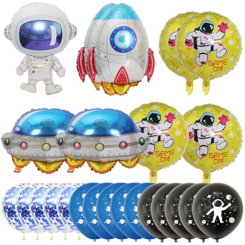25 Stück Weltraum Astronauten Luftballons Set, Rakete Raummann Aluminiumfolie Ballons, Blau Schwarz Konfetti Astronaut Latex Helium Ballons für Jungen Kinder Geburtstag Universum Motto Party von ZGCXRTO