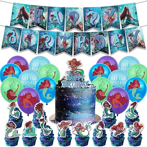 30 PCS Meerjungfrau Geburtstag Dekoration Set, Mermaid Luftballons Dekoration Geburtstagsfeier Happy Birthday Banner Cake Topper Deko für Kindergeburtstag Film Themen party von ZGCXRTO