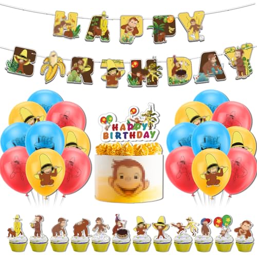 32 Stück Monkey Geburtstagsfeier Dekorationen, Monkey Luftballons, Monkey Kinder Geburtstag Dekor, mit Happy Birthday Banner Luftballons Cake Topper Party Geburtstag Dekor von ZGCXRTO